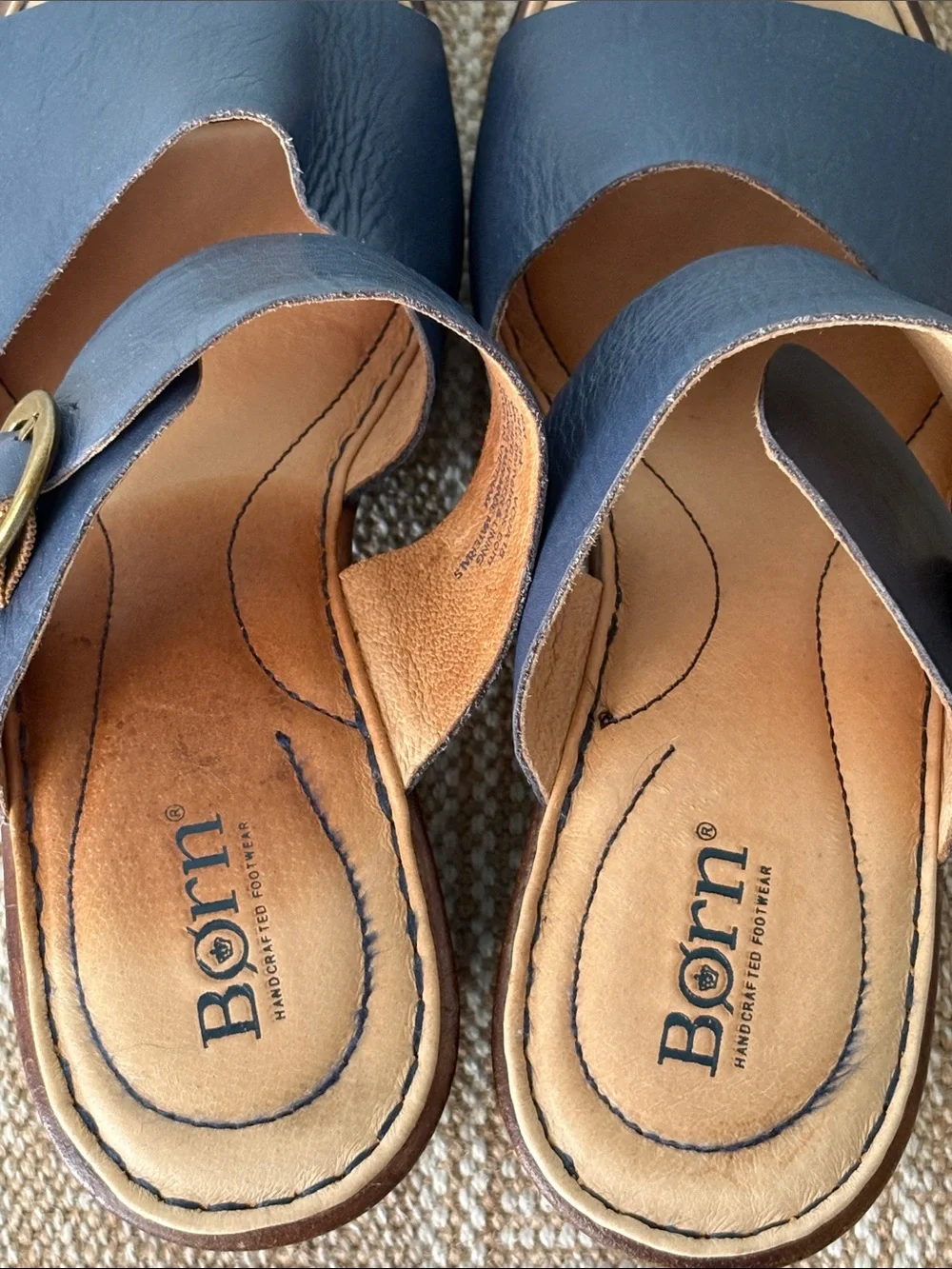 Born Navy Blue Leather Double-Strap Wedge Sandals; Adjustable buckles  Size-8